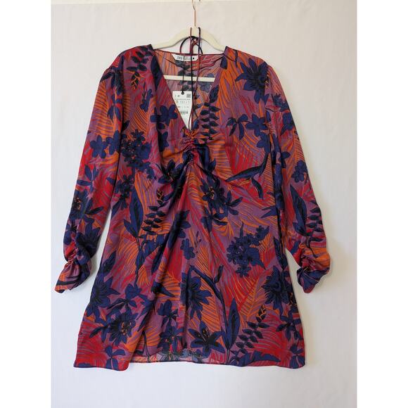 ZARA Floral Print Mini Dress Size Small Tropical Long Sleeve Relaxed Ruching New - Picture 3 of 9